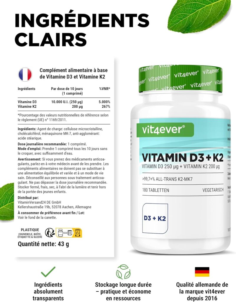 Complément alimentaire Vitamine D3 K2 10 000 UI. La vitamine D contribue au maintien d'une ossature et d'une dentition normales.