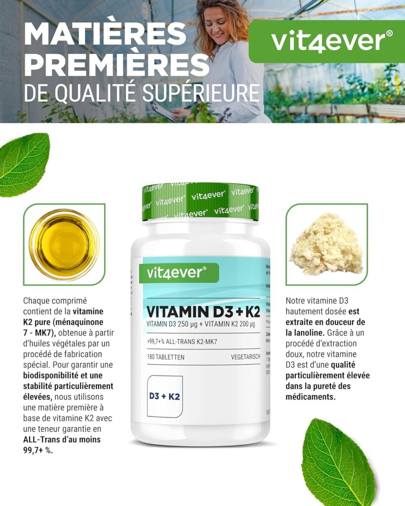 Choisissez une vitamine D3 10 000 UI avec K2 MK7 premium. Une formule développée avec des ingrédients soigneusement sélectionnés.