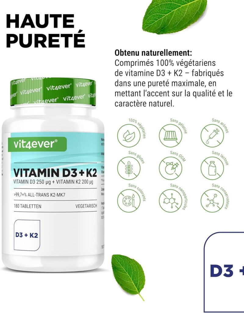 Complément Vitamine D3 K2 MK7 haute concentration. Une formule premium adaptée à une supplémentation pratique.