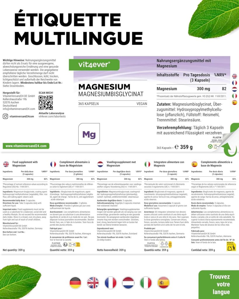 Choisissez un Magnésium Bisglycinate de qualité supérieure avec une formule à libération prolongée pour une utilisation pratique.