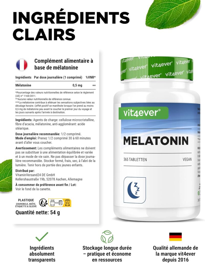 Complément alimentaire mélatonine 1 mg avec 365 comprimés végétaliens. Une formule simple pour accompagner votre routine nocturne.