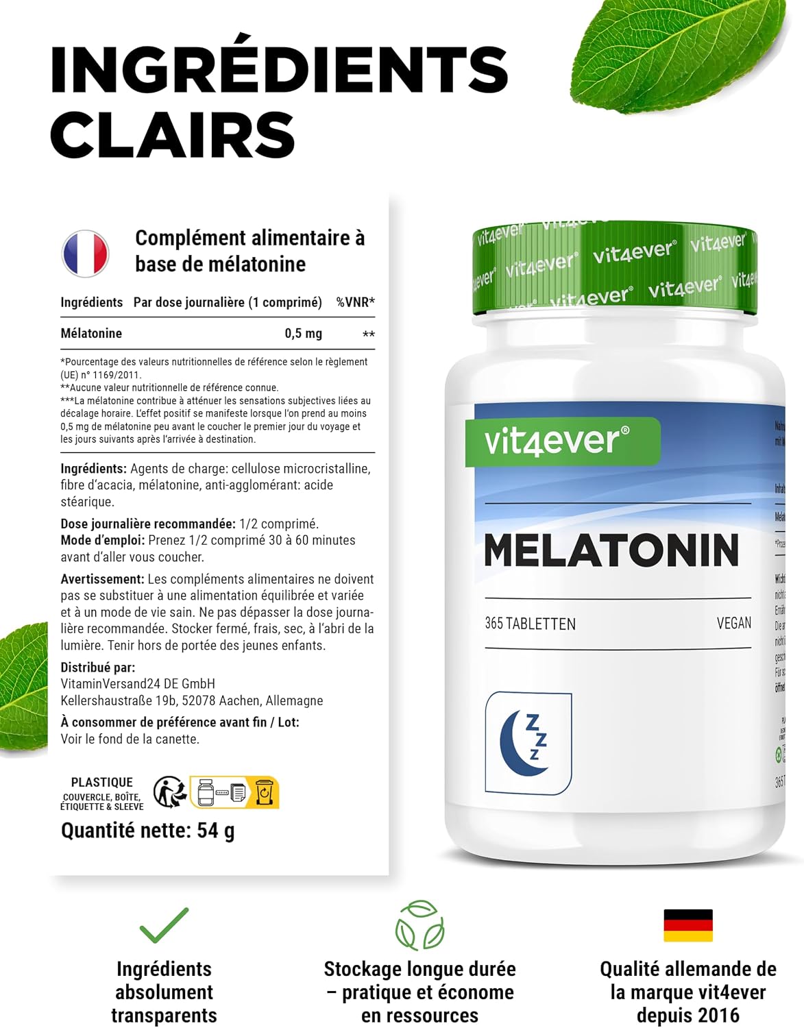 Complément alimentaire mélatonine 1 mg avec 365 comprimés végétaliens. Une formule simple pour accompagner votre routine nocturne.