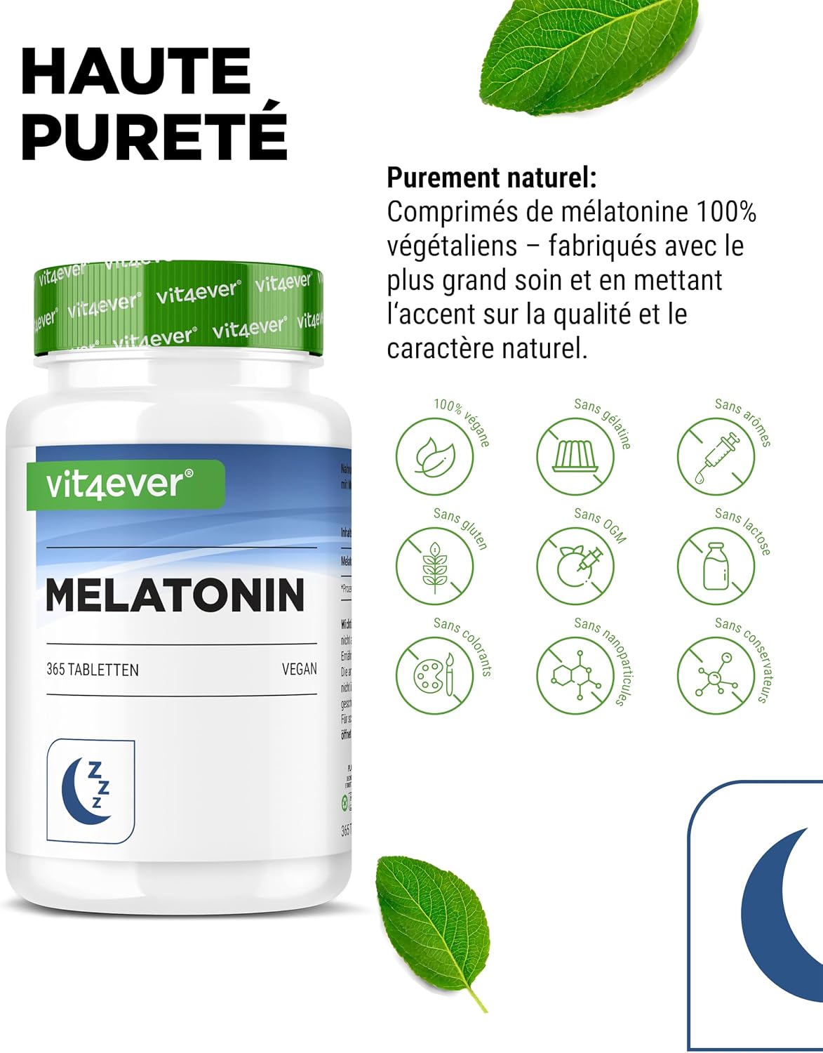 Mélatonine 1 mg, 365 comprimés végétaliens : une formule pratique pour votre routine du soir et pour accompagner l'endormissement.