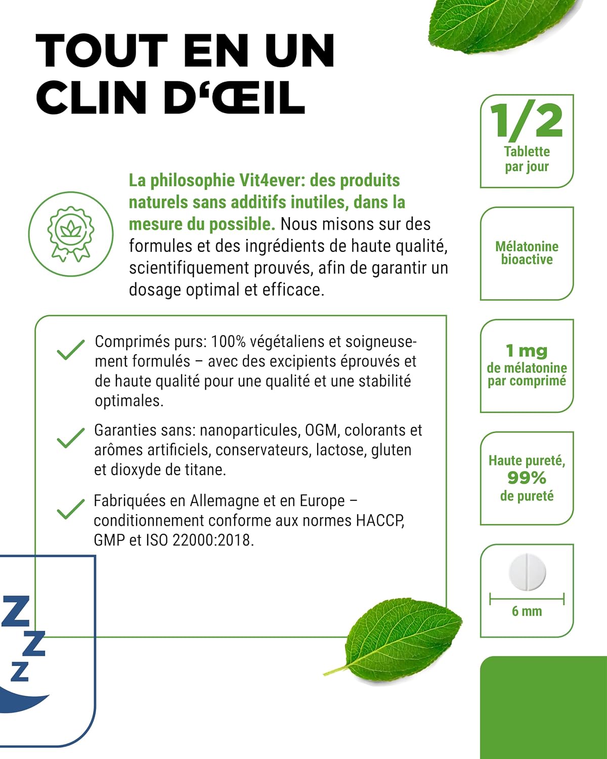 Profitez d'un stock annuel de mélatonine 1 mg avec 365 comprimés vegan, idéal pour accompagner votre routine avant le coucher.