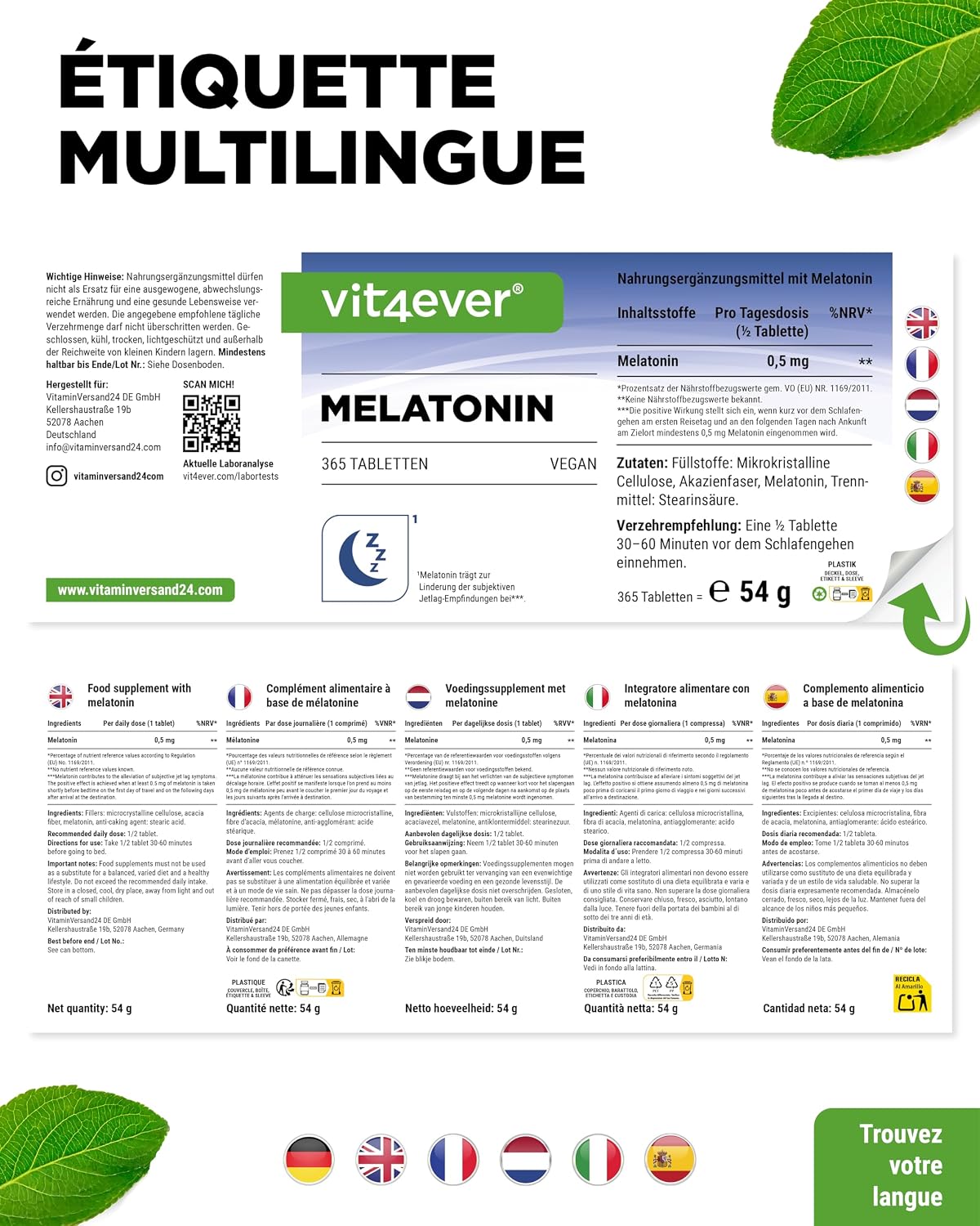 Découvrez notre mélatonine 1 mg en 365 comprimés végétaliens, conçue pour accompagner votre routine du soir avant le coucher.