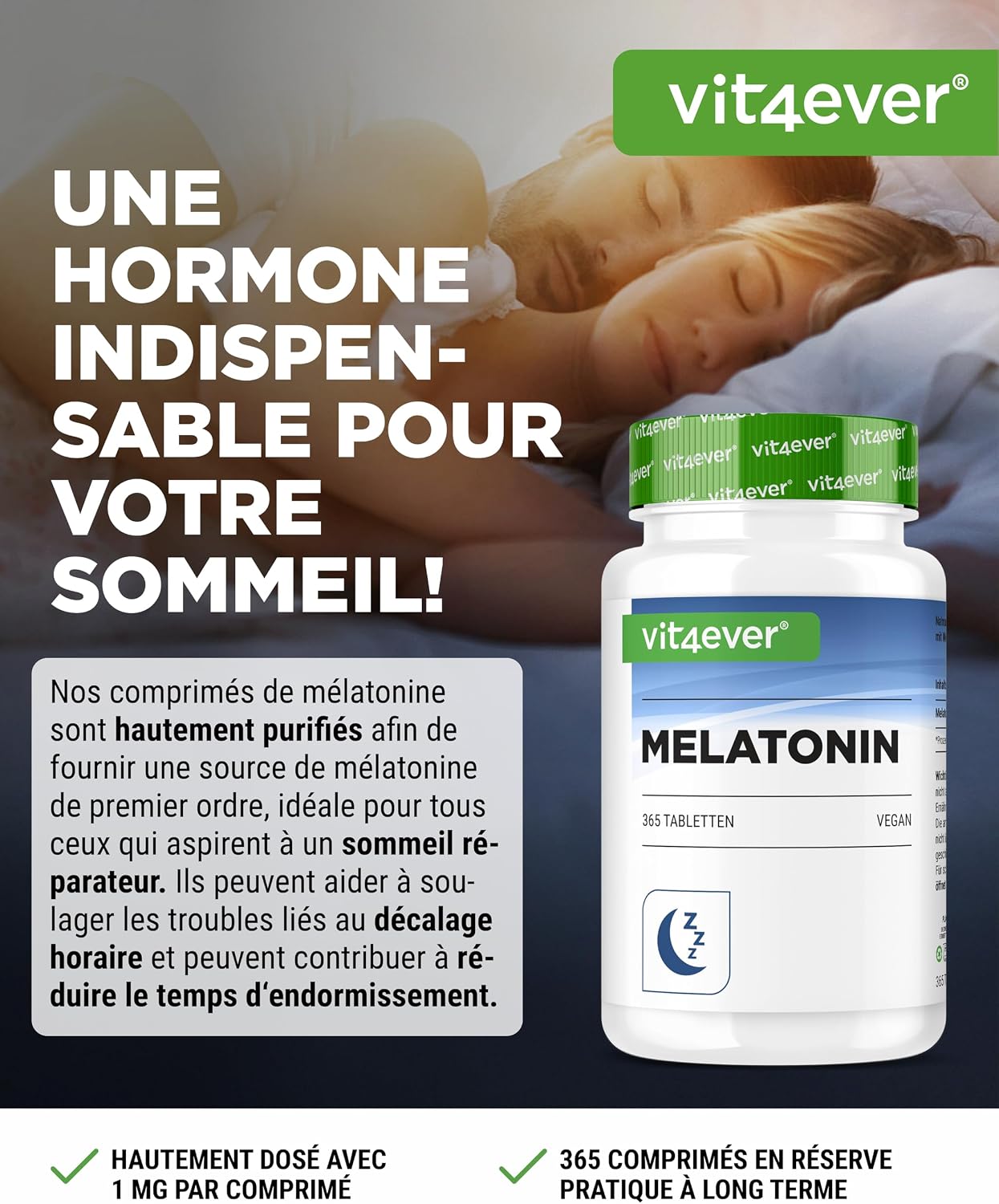 Une formule de mélatonine 1 mg en comprimés végétaliens pour accompagner votre routine du soir et votre rythme veille-sommeil.